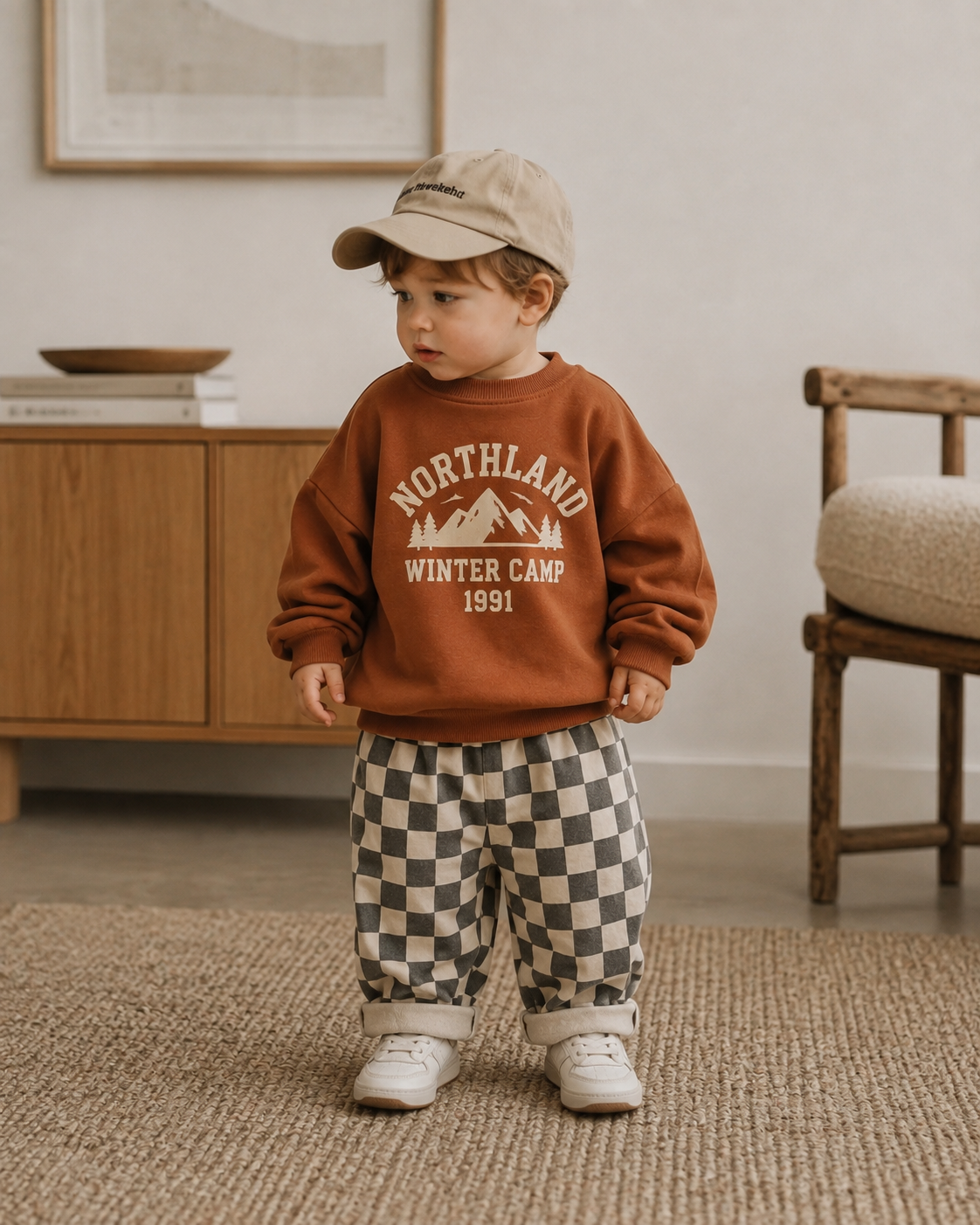 Kind in Buikje Bol stijl met roestkleurige sweater en geruite broek